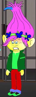 A troll with pink hair wearing green and blue clothing standing in front of jail bars.