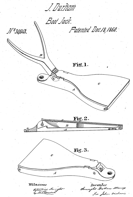 Kristin Holt | Victorian-American Boot Jacks. U.S. Patent No 30,913 awarded to invetor J. Durham for Boot Jack, Patented December 18, 1860.