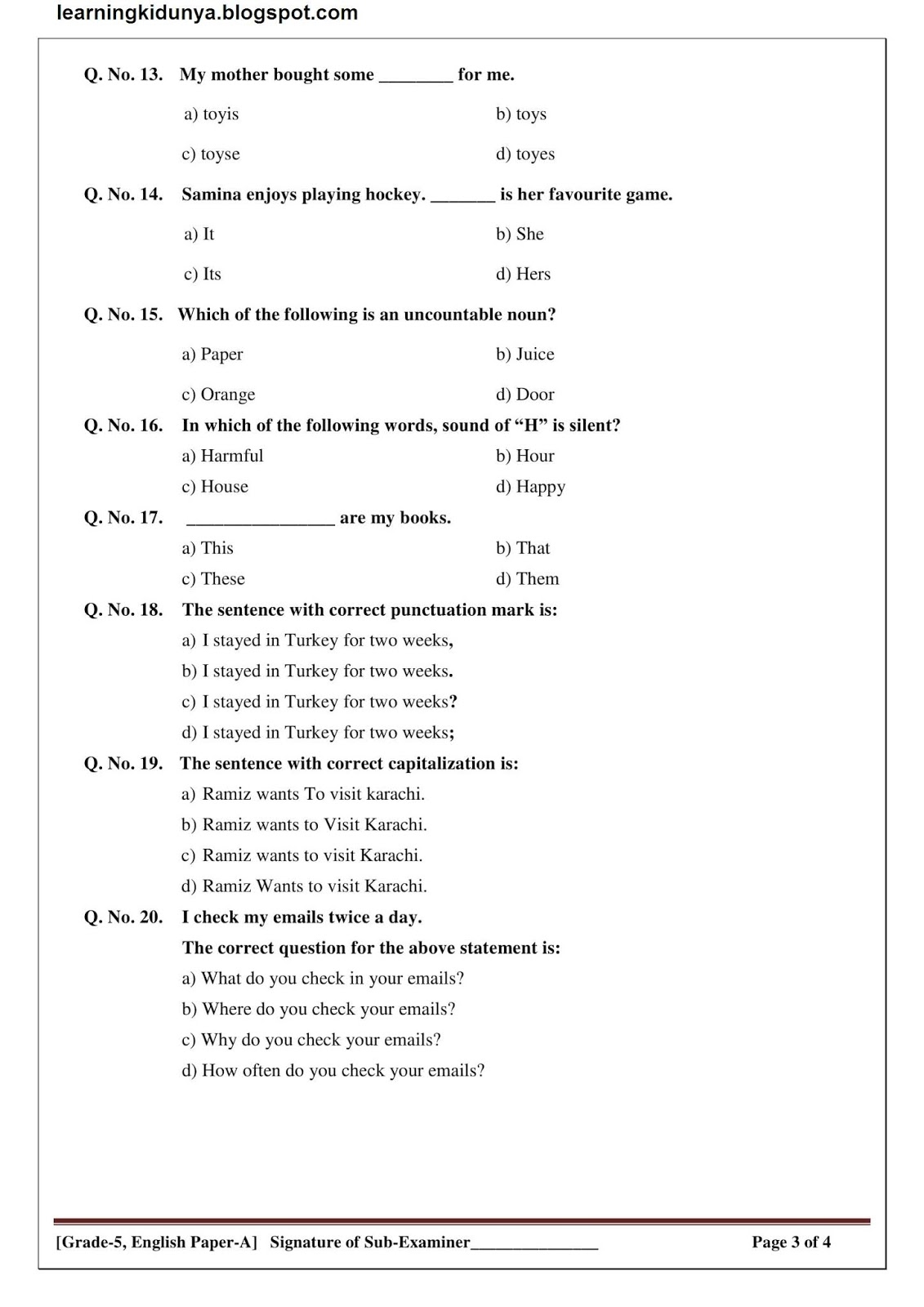5th Class Pec English Model Papers