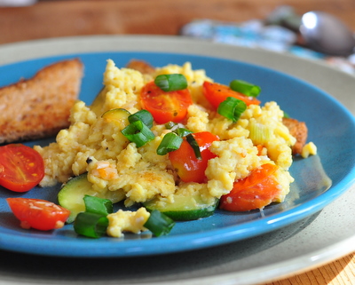 French Scrambled Eggs ♥ KitchenParade.com, eggs cooked low and slow, with a few vegetables. Sumptuous! Naturally Gluten Free. High Protein. Weight Watchers Friendly.