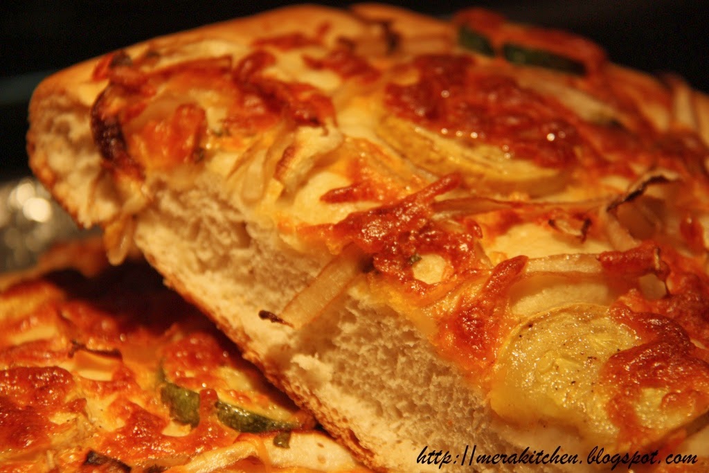 merakitchen Focaccia (topped with cheddar cheese and zucchini & onions marinated in balsamic