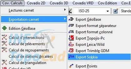 Formation Covadis Exportations coordonnées calculées depuis l’éditeur de GéoBases, Exportation carnet du menu Cov.Calculs fichier avec séparateur, fichier colonné au format Topojis, format Wild Leica, format Sokkia, Geotronics, Spectra Precision, topographie terrain carnet Formation, Covadis, Exportations, coordonnées, calculées, éditeur de GéoBases, Exportation carnet, menu Cov.Calculs, fichier avec séparateur, fichier colonné, format Topojis, format Wild Leica, format Sokkia, Geotronics, Spectra Precision, topographie terrain, carnet