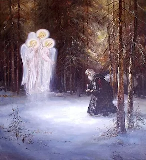 εικ. 1508 μ.Χ. Η Αγία Τριάδα εμφανίζεται   στο Ρώσσο άγιο Αλέξανδρο του Σβιρ   με μορφή παρόμοια με το όραμα του Αβραάμ.
