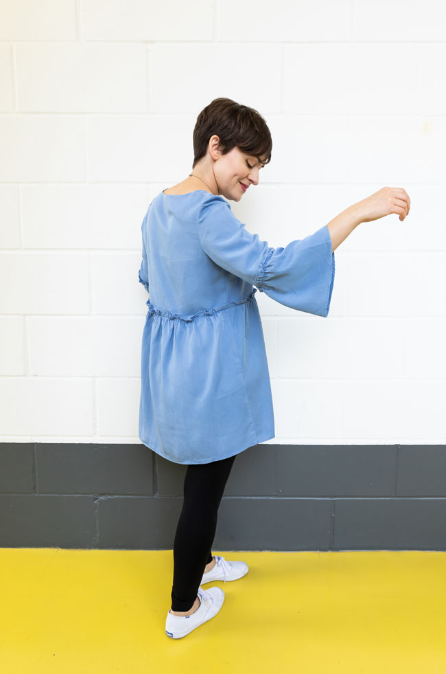 Tilly's blue Tencel Indigo smock - sewing pattern by Tilly and the Buttons