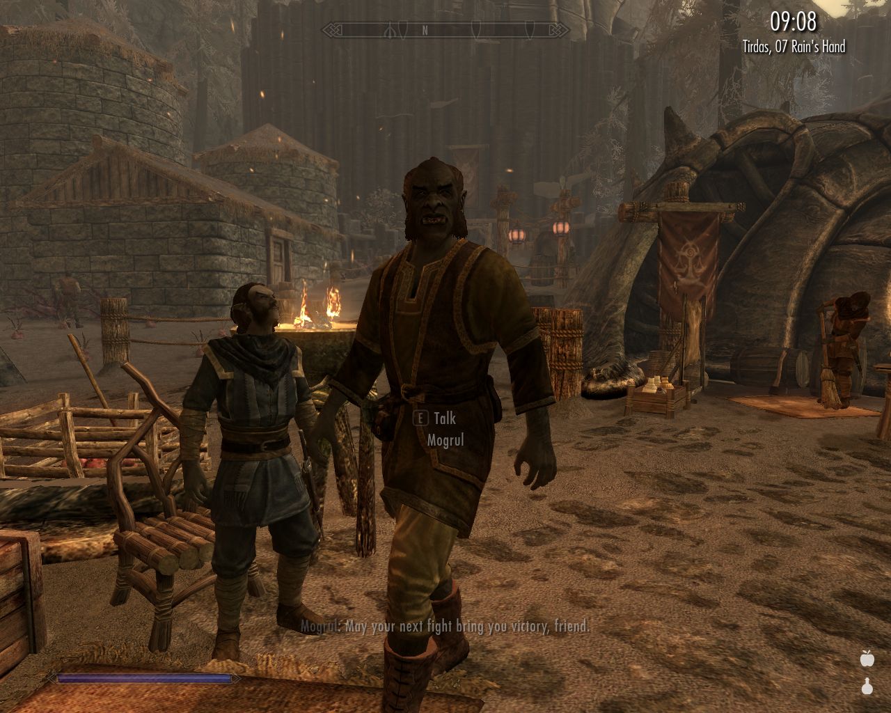 unusually tall Orc man on the Ravenrock marketplace talks to the protagonist in a friendly manner