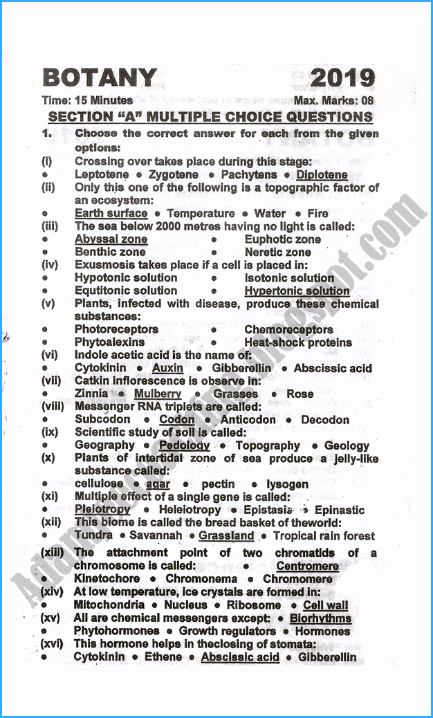 Adamjee Coaching 12th Botany Past Year Paper 2019
