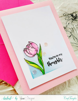 Clean and simple floral card, Tulip card, CrafTangles stamp , floral card, Quillish, Technique card, water colouring