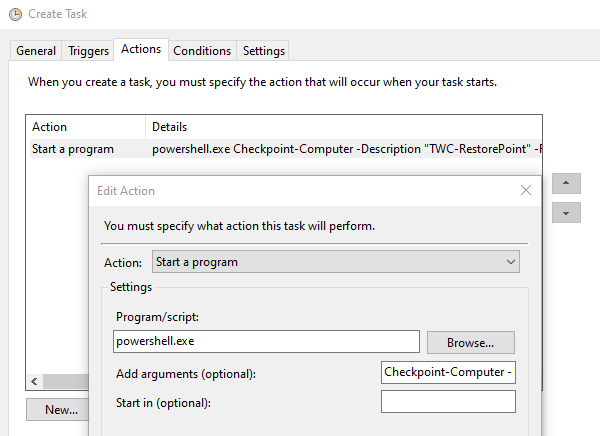 เพิ่มคำสั่งไปยัง Task Scheduler เพื่อสร้างจุดคืนค่า