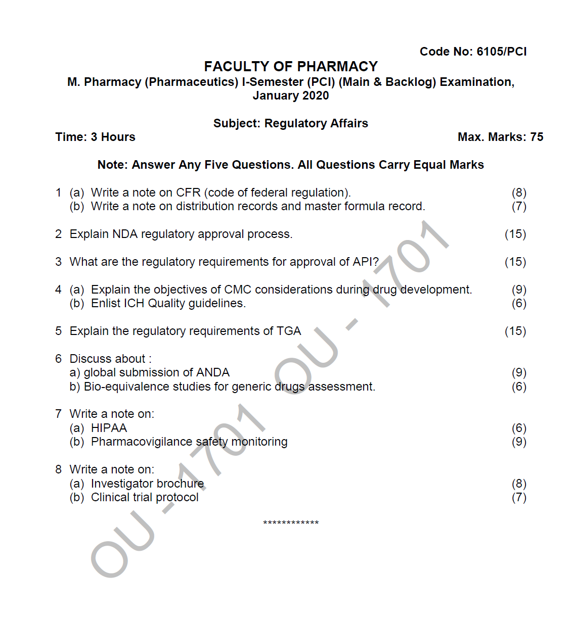 Osmania University M. Pharmacy (pharmaceutics) ISemester (PCI) (Main