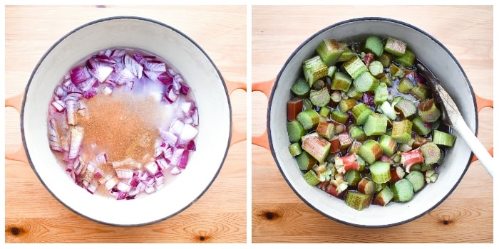 Making Rhubarb Chutney - Step 2 Making Rhubarb Chutney - Step 2 - rhubarb and spices added to the pan