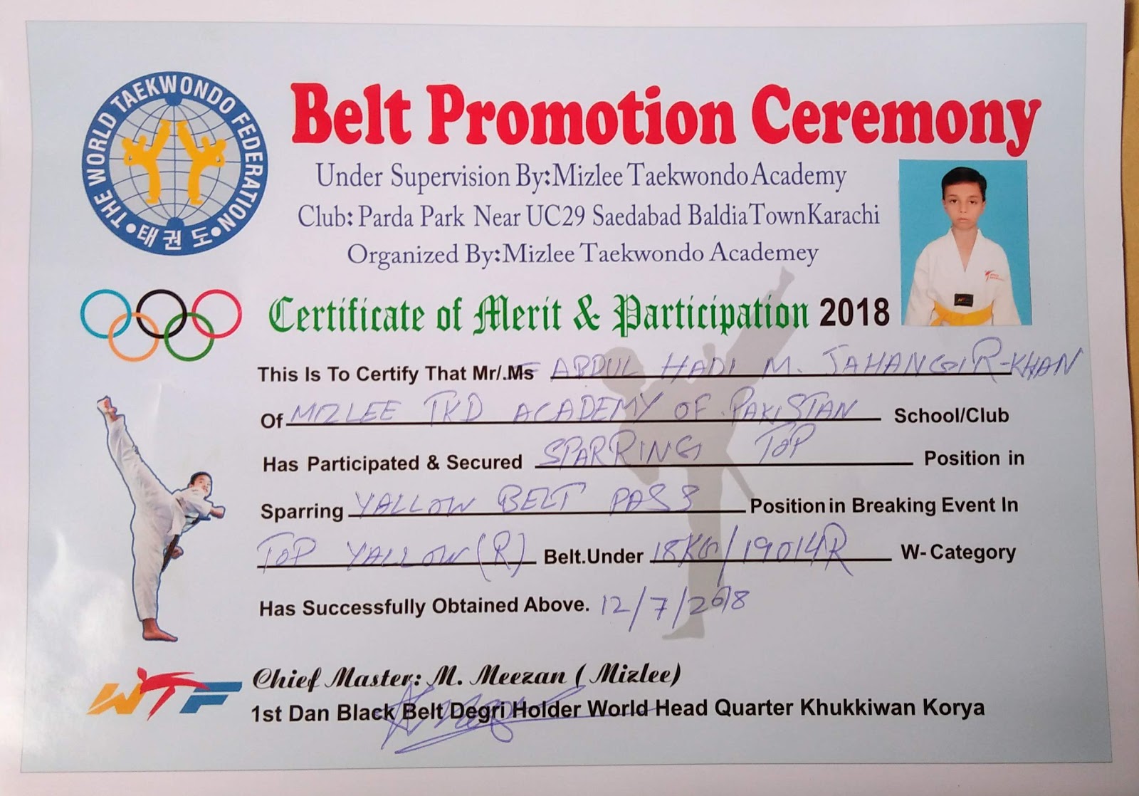 Taekwondo Yellow Belt Certificate Master of Documents
