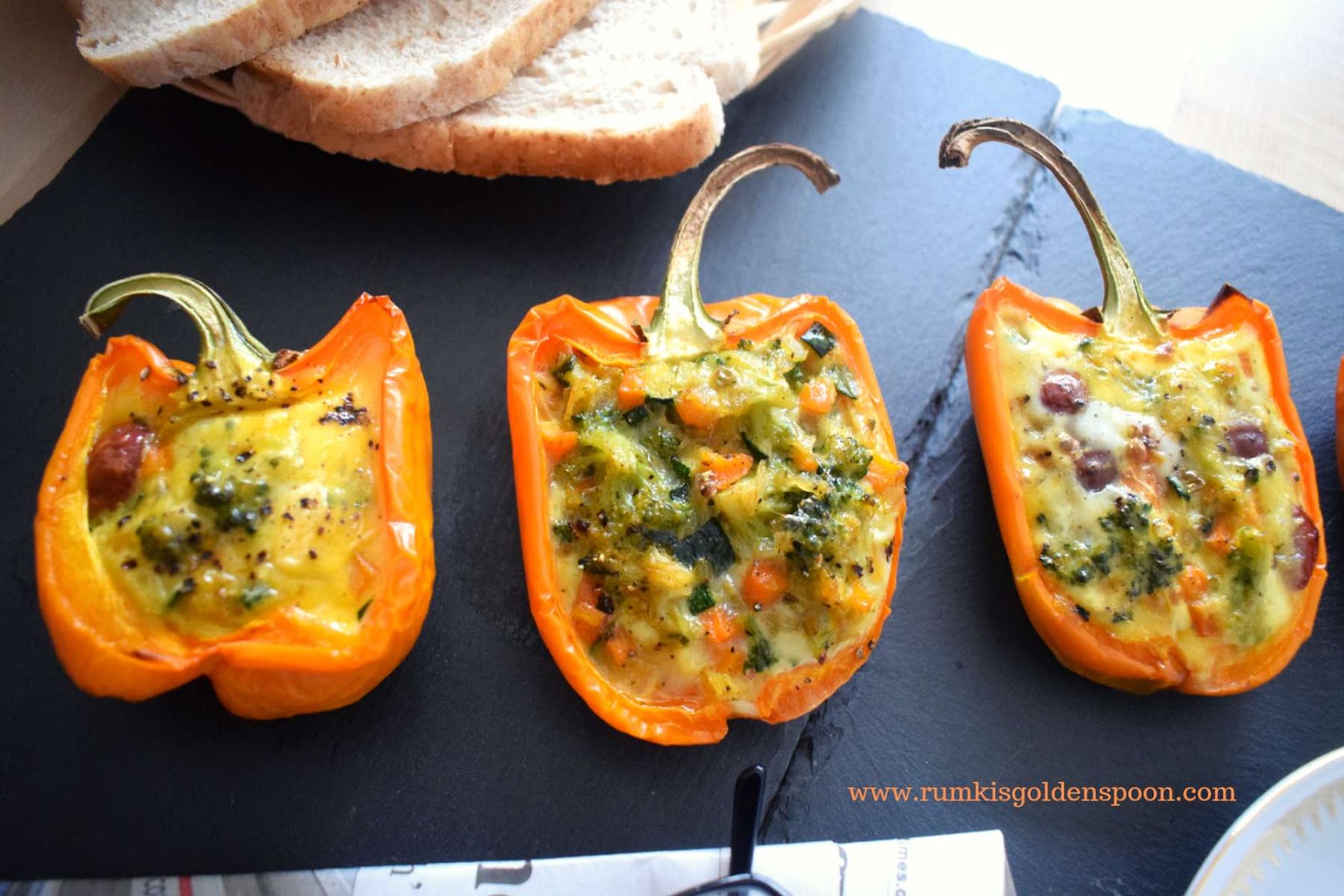 Stuffed Bell Peppers| Capsicum with Eggs & Veggies Without Cheese, Quick and Easy, Rumki's Golden Spoon, Barwa capsicum/ bell peppers, recipe with orange capsicum, bell peppers, baking recipe of vegetables, baking recipe of savoury items, healthy breakfast recipe, capsicum er pur, exotic egg recipes