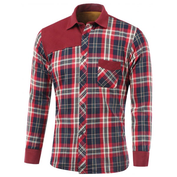 Tartan Spliced Design Turn-Down CollarFleece Shirt - Red Xl