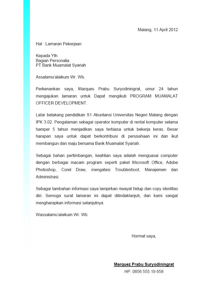 Contoh Surat Lamaran Kerja Bank Nagari Padang Contoh Surat