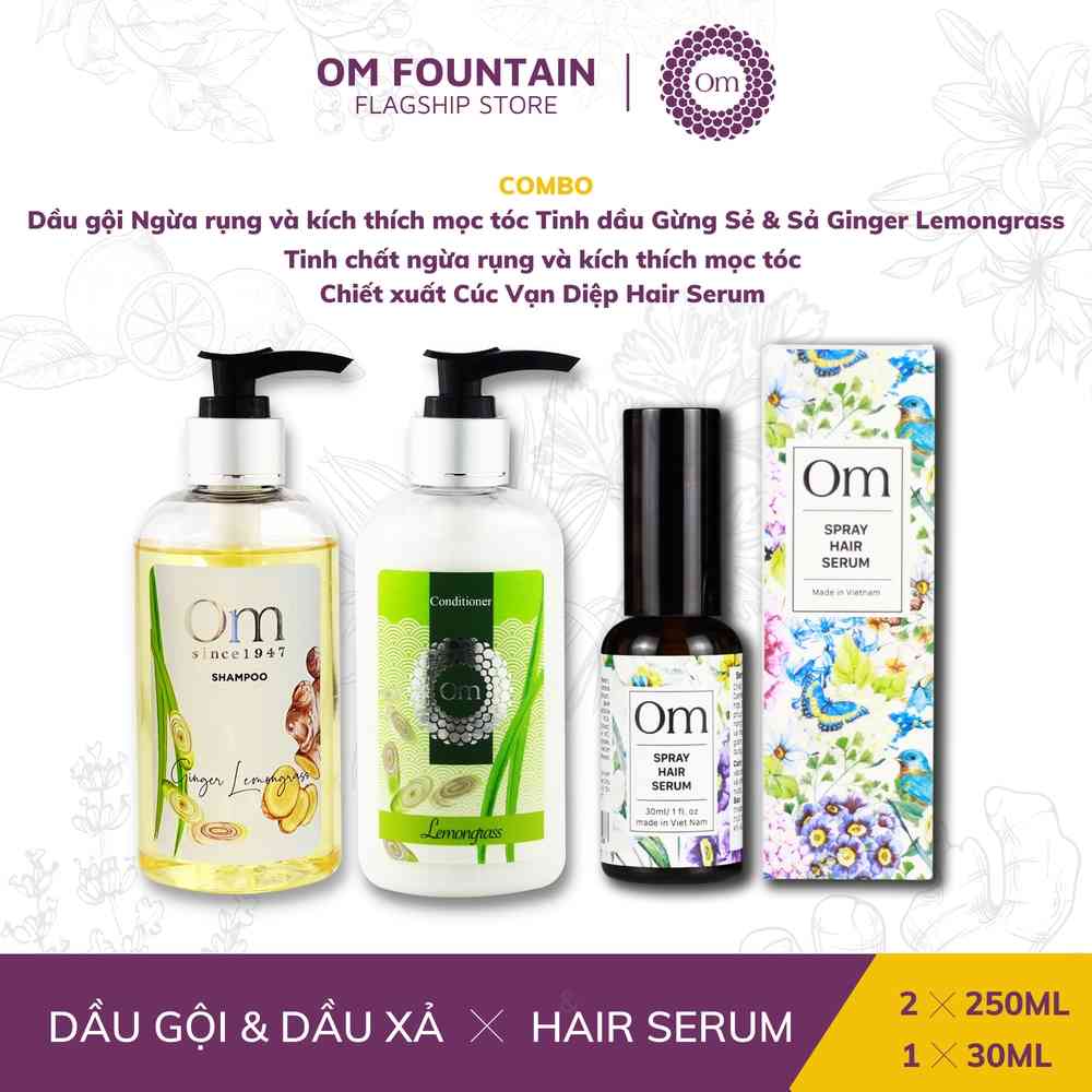 [COMBO 1] DẦU GỘI VÀ DẦU XẢ NGỪA RỤNG VÀ TINH DẦU GỪNG SẺ & SẢ + TINH CHẤT CHIẾT XUẤT CÚC VẠN DIỆP HAIR SERUM 30ML – OM FOUNTAIN, My Pham Nganh Toc