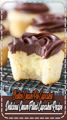Boston Cream Pie Cupcakes - a moist, fluffy vanilla cupcake with pastry cream filling and a chocolate ganache rosette on top! Beautiful and delicious!