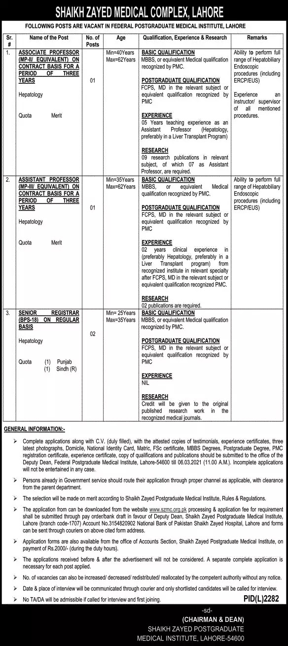 Shaikh Zayed Medical Complex, Lahore Jobs 2021