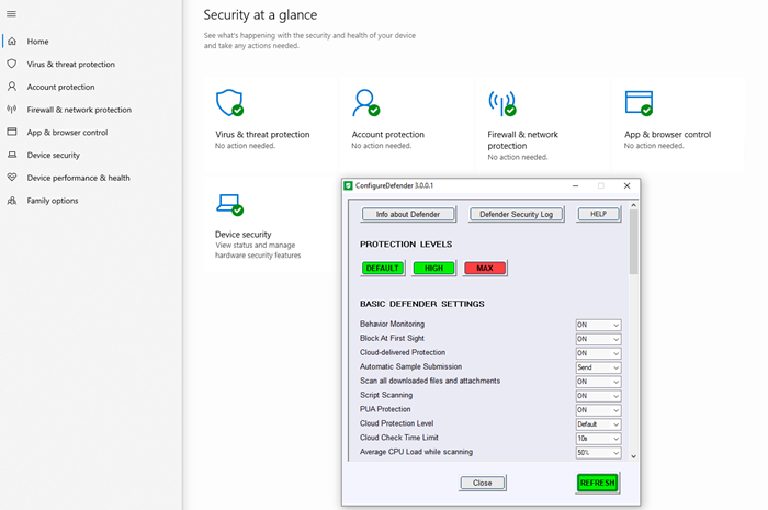 Modifica istantaneamente le impostazioni di sicurezza di Windows con ConfigureDefender