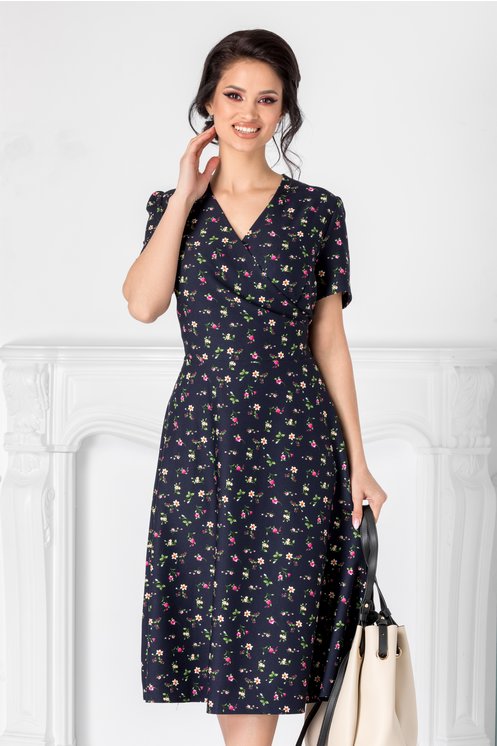 Rochie bleumarin eleganta Imprimeu floral Decolteu petrecut in v Cordon in talie Maneci scurte Rochie bleumarin eleganta Imprimeu floral Decolteu petrecut in v Cordon in talie Maneci scurte