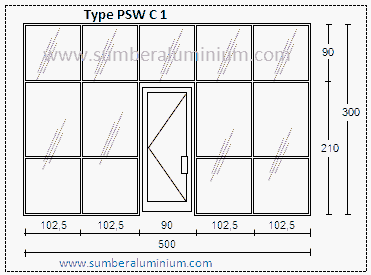 Pintu Aluminium Single Dengan Partisi Kusen Aluminium Dan Kaca dengan Lima kolom, dengan variasi garis horinsotal tengah Pintu partisi Aluminium RUKO