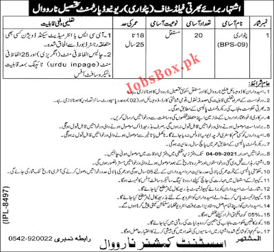 Revenue Department Government of Punjab Latest Jobs 2021 in Narowal