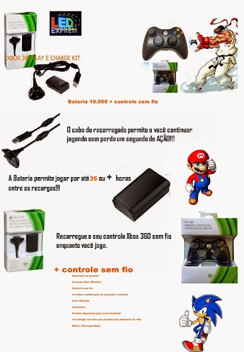 Controle Xbox 360 Sem Fio + Carregado+ Bateria 10.000mah Kit