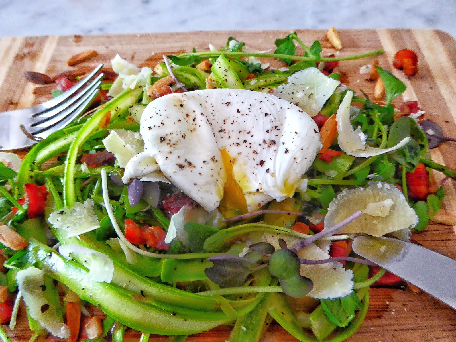 Three Little Figs Poached Egg and Asparagus Salad with Pancetta and