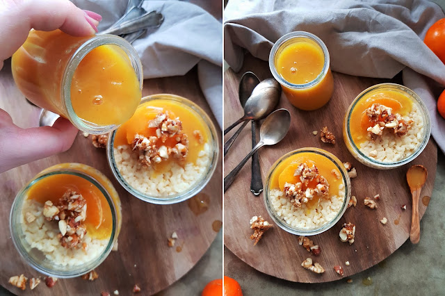 Orangen Milchreis mit Orangensauce und Nuss Crunch Topping