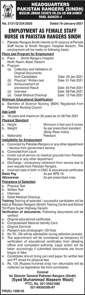 Latest Jobs in Pakistan Staff Nurse Jobs in Pakistan Rangers Sindh 2021 Latest Advertisement