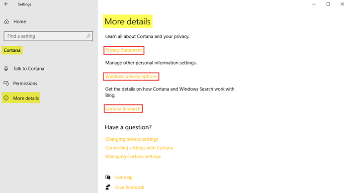 Impostazioni di Cortana in Windows 10