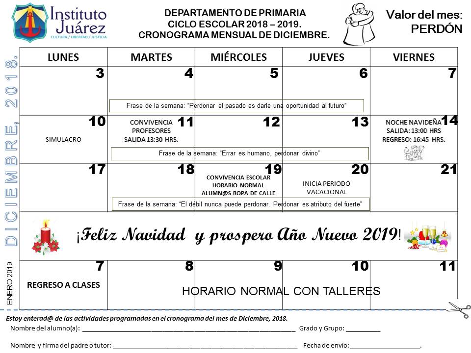 Instituto Juarez 4 Primaria Cronograma Diciembre 2018