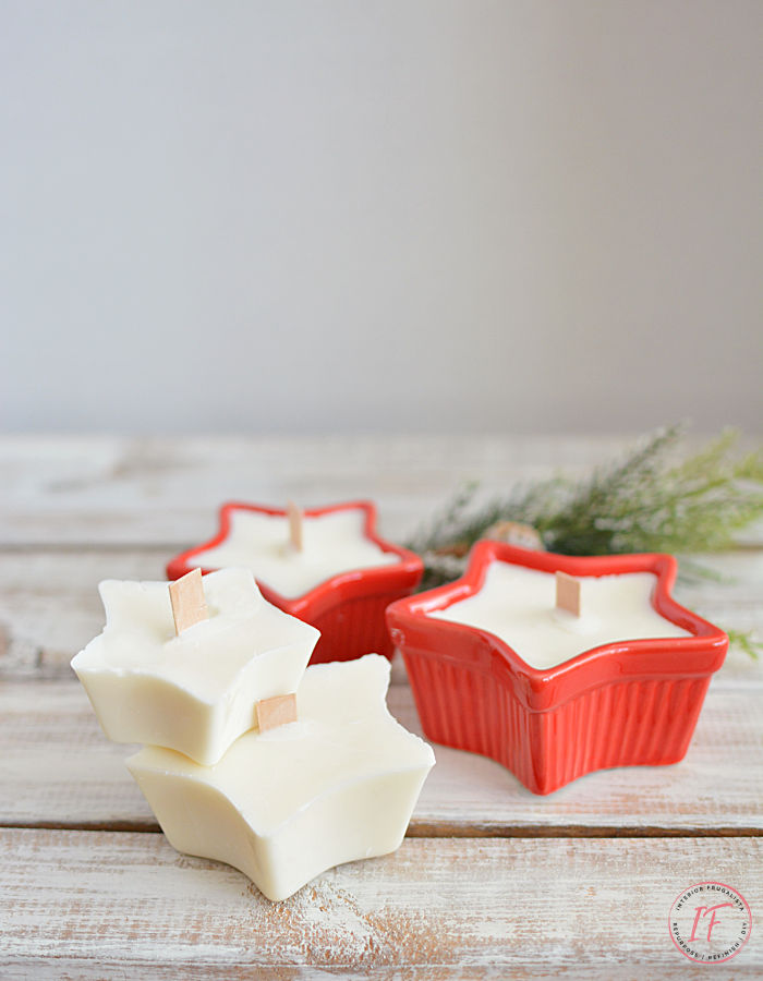 How to make homemade ramekin dish unscented soy candles with wood wicks plus extra soy candle molds in festive star-shaped dishes for the holidays.