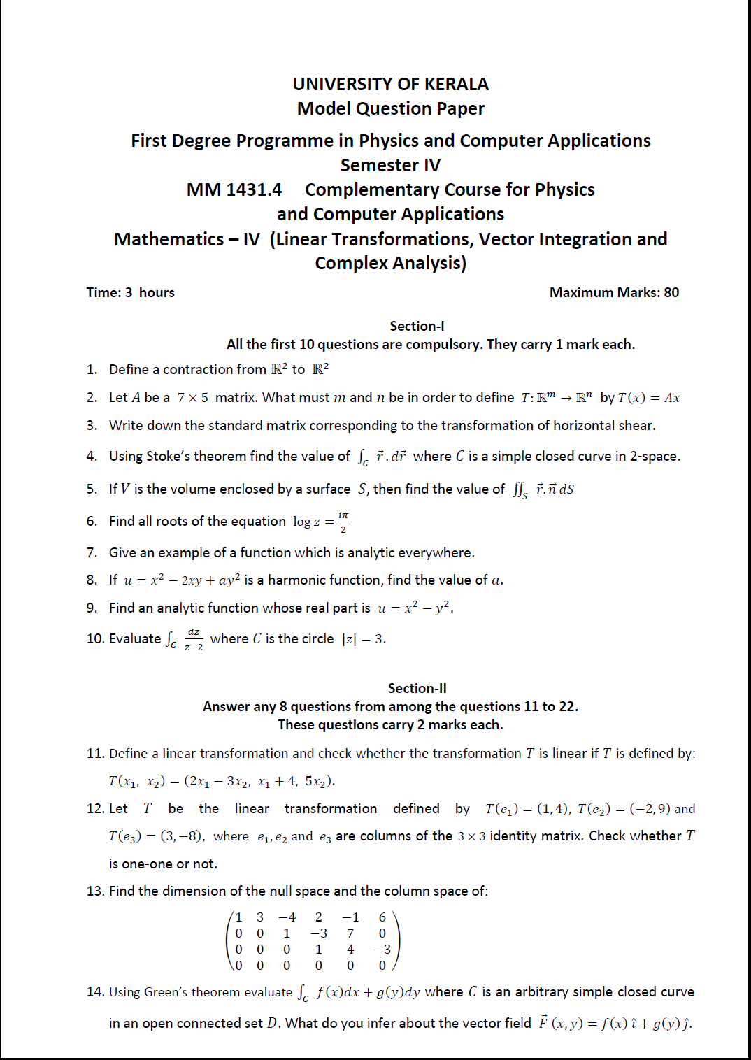Kerala University Mathematics B.Sc Physics Complementary Course for
