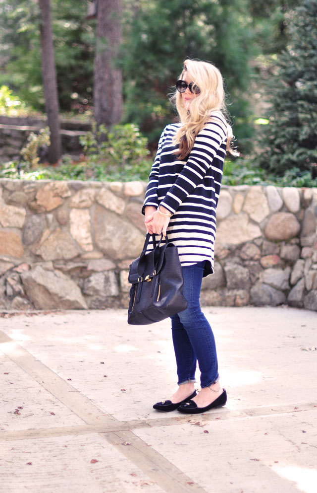 striped shift dress with skinny jeans and loafers