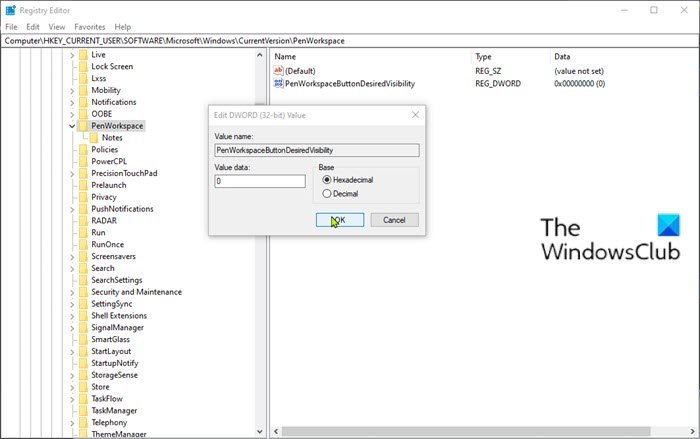 Ocultar o mostrar el botón del área de trabajo de Windows Ink a través del Editor del Registro