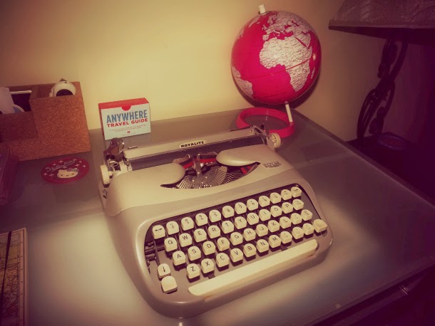 vintage typewriter, pink globe, Anywhere Travel Guide, desk inspiration photos, Royalite typewrite, royal typewrite, gray typewrite, grey typewrite, silver typewriter