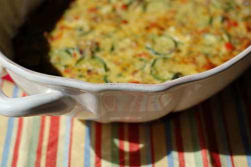 Sweet corn and zucchini gratin with basil. Image by Eve Fox, The Garden of Eating copyright 2013