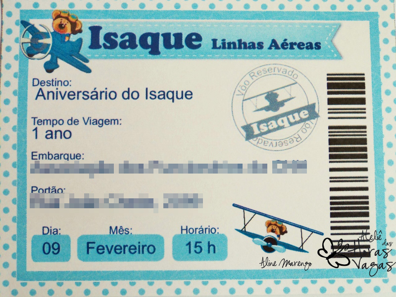 convite artesanal infantil 1 ano aniversário urso ursinho aviador avião cartão de embarque boarding pass passagem