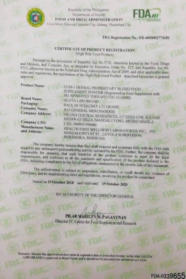 GLUTA LIPO 12 IN 1 FDA Approval