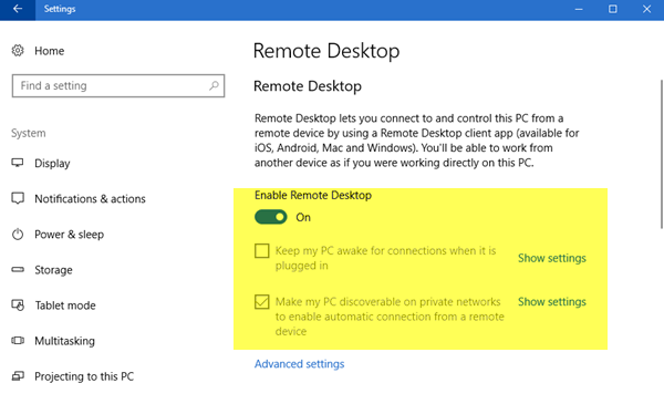 desktop remoto in windows 10
