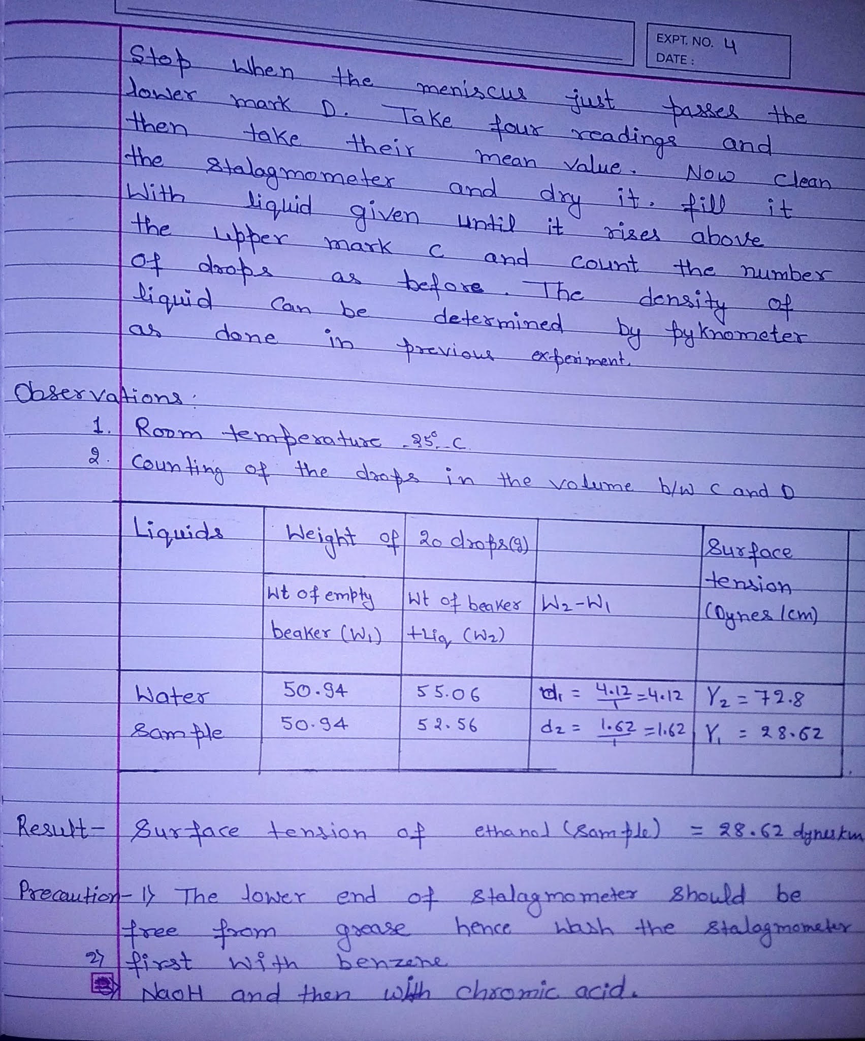 Chemistry Expriment 6 aim To determine the surface tension of a given liquid by drop weight