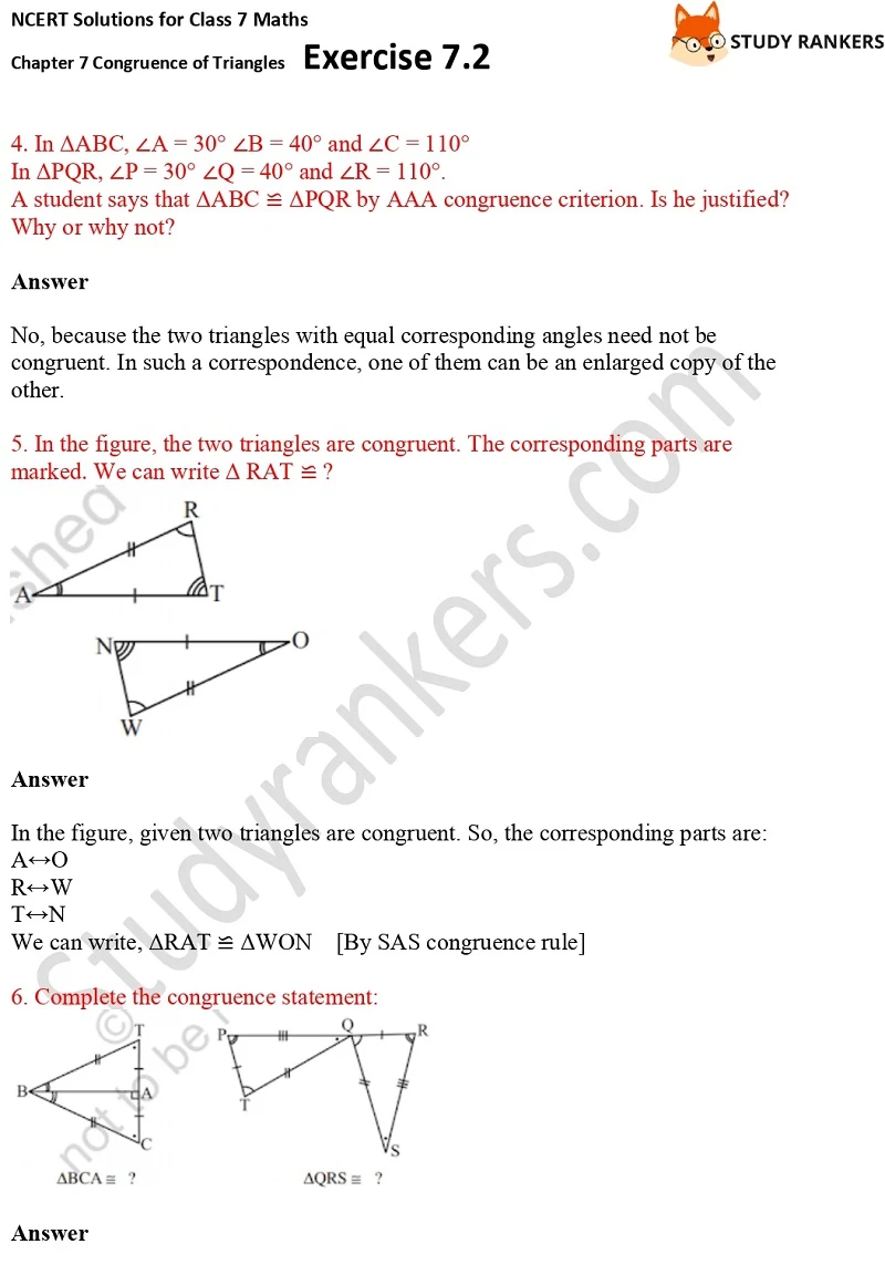 NCERT Solutions for Class 7 Maths Ch 7 Congruence of Triangles Exercise 7.2 4