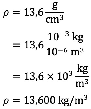 Diketahui massa jenis raksa ialah 13 6 gram/cm3 hitunglah massa jenis raksa tersebut dalam satuan si