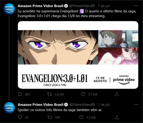 Evangelion: 3.0+1.01 e mais 3 filmes confirmados na Prime Vídeo