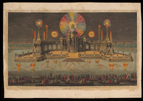The Grand Theatre and fireworks erected on the water near Court at the Hague, on occasion of the general peace concluded at Aix la Chapelle on 18 October 1784. © Victoria and Albert Museum, London