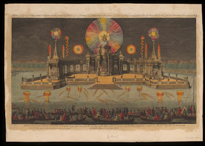 The Grand Theatre and fireworks erected on the water near Court at the Hague, on occasion of the general peace concluded at Aix la Chapelle on 18 October 1784. © Victoria and Albert Museum, London