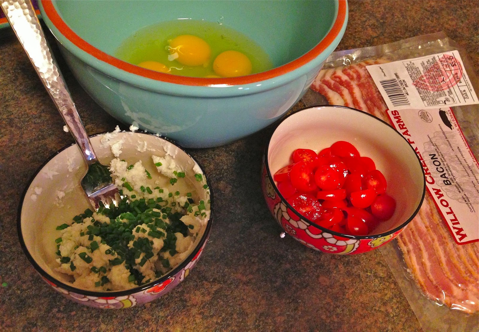 One Potato Blue Potato Scrambled Eggs with Goat Cheese, Tomatoes and