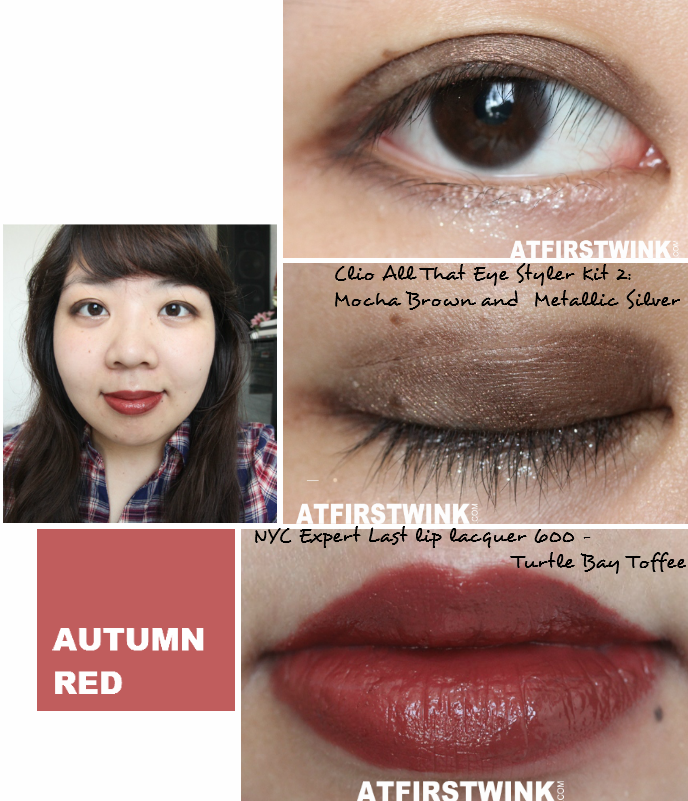 Makeup look 3: Autumn Red, used the Clio All That Eye Styler Kit 2: Mocha Brown and Metallic Silver and the NYC Expert Last lip lacquer 600 - Turtle Bay Toffee