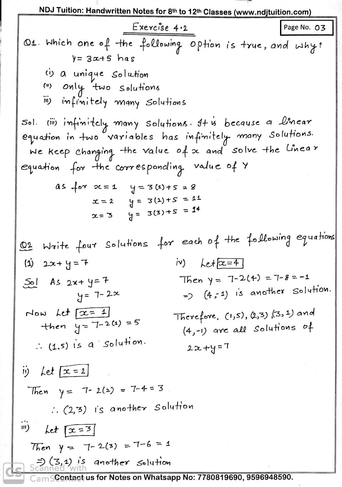 Linear Equation In Two Variables Handwritten Notes for 9th Math