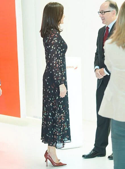 Queen Letizia wore a confetti-print shirt dress by Massimo Dutti. She wore Magrit red pumps. diamond earrings